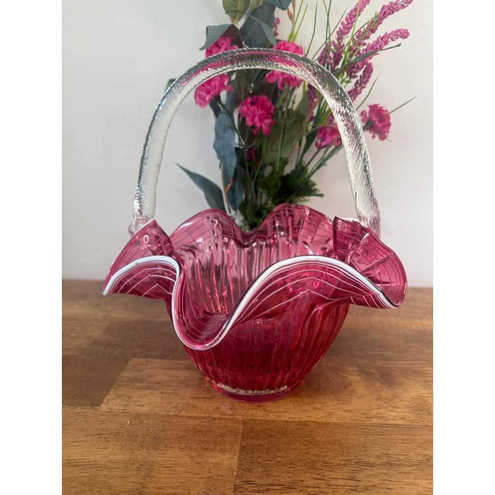 Vintage Cranberry Art Glass Basket White Latticino Ruffled Rim Clear Handle Bowl